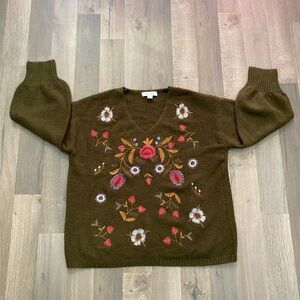 BUNULU Olive Green Embroidered Floral V-Neck Sweater 1X Bishop Sleeve Boho Chic